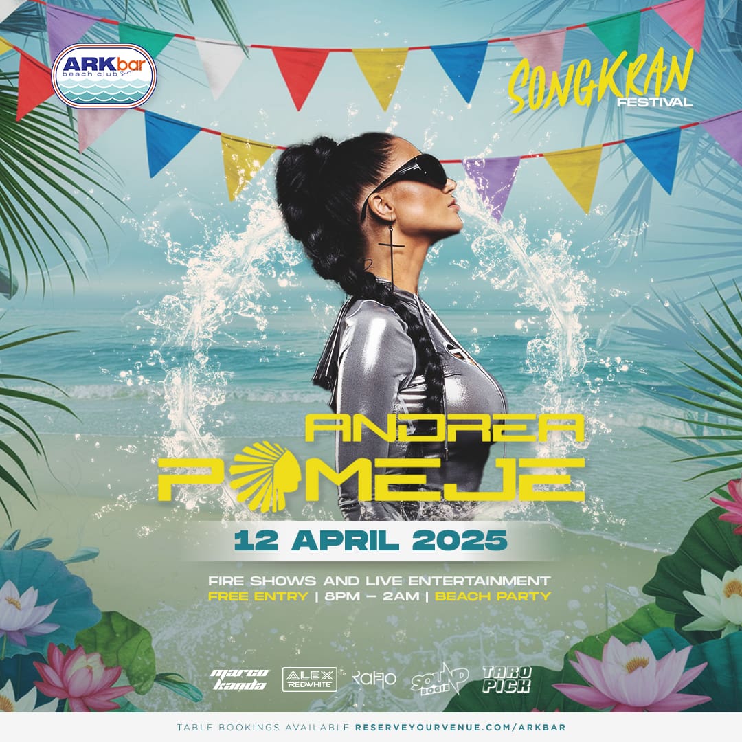 Andrea Pomeje performing at ARKbar’s Songkran Festival beach party on April 12th, 2025 in Koh Samui