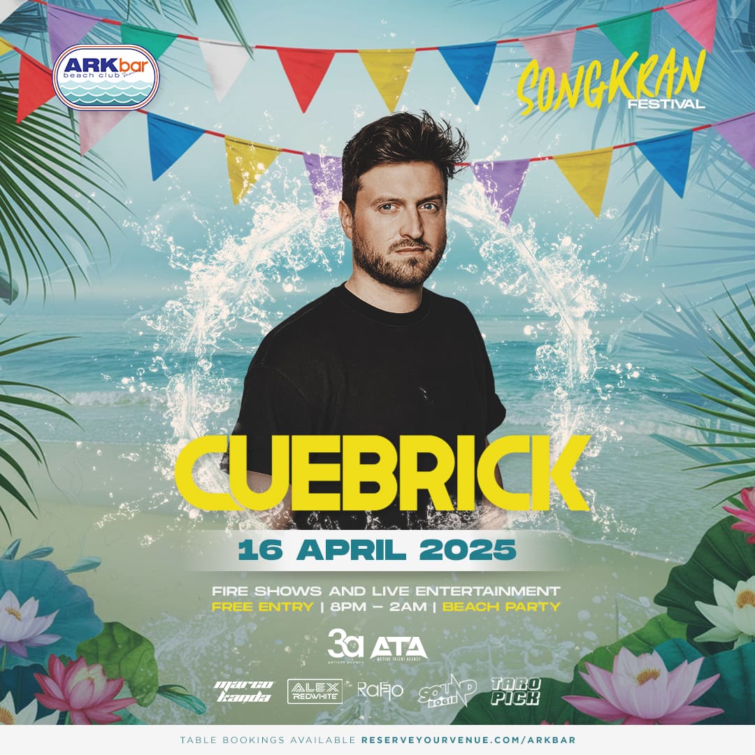 DJ Cuebrick performing live at ARKbar Beach Club during Songkran Festival 2025 in Koh Samui, Thailand, with a vibrant crowd dancing under the night sky.