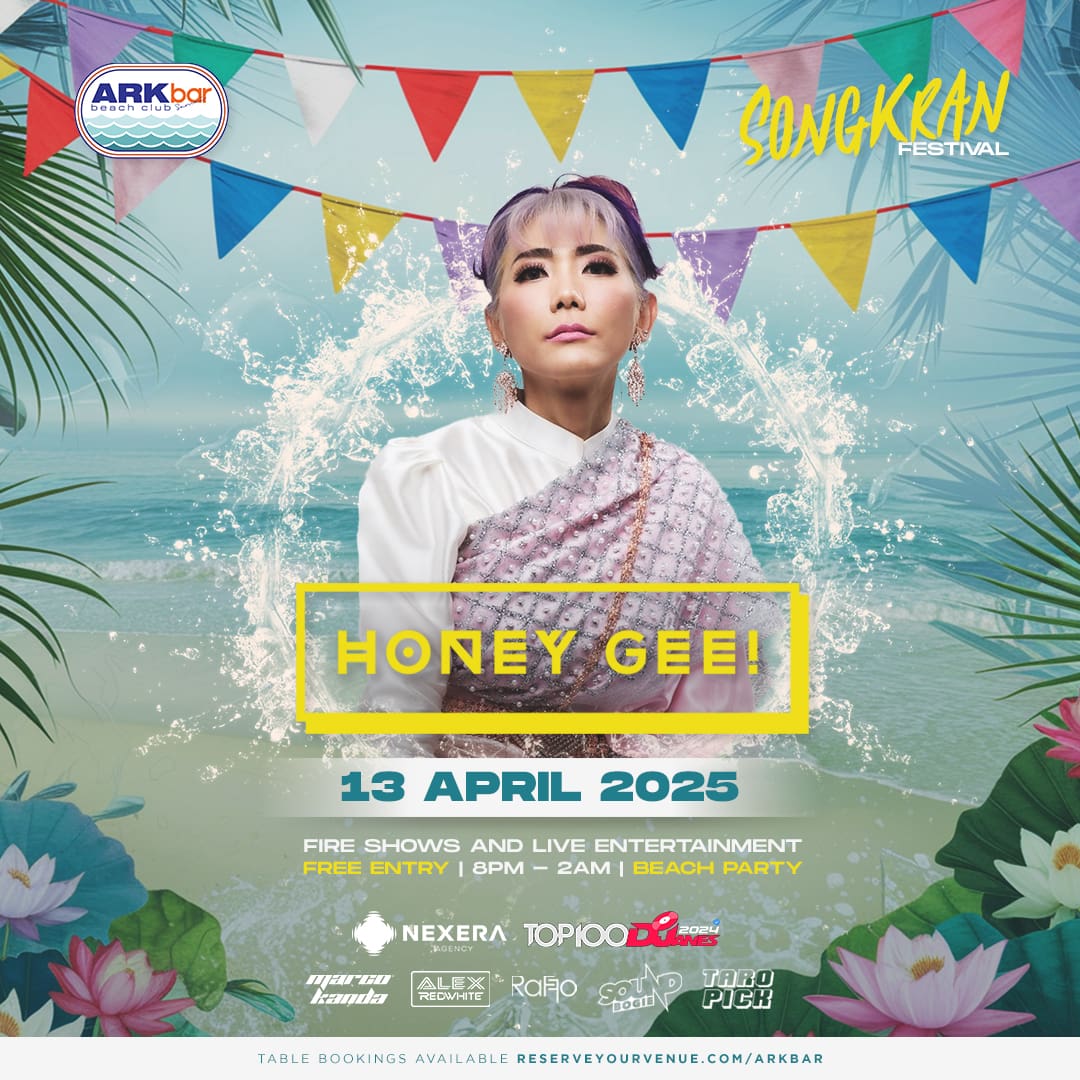 DJ Honey Gee performing live at ARKbar Beach Club during Songkran Festival 2025 in Koh Samui, Thailand, with a vibrant crowd dancing under the night sky.