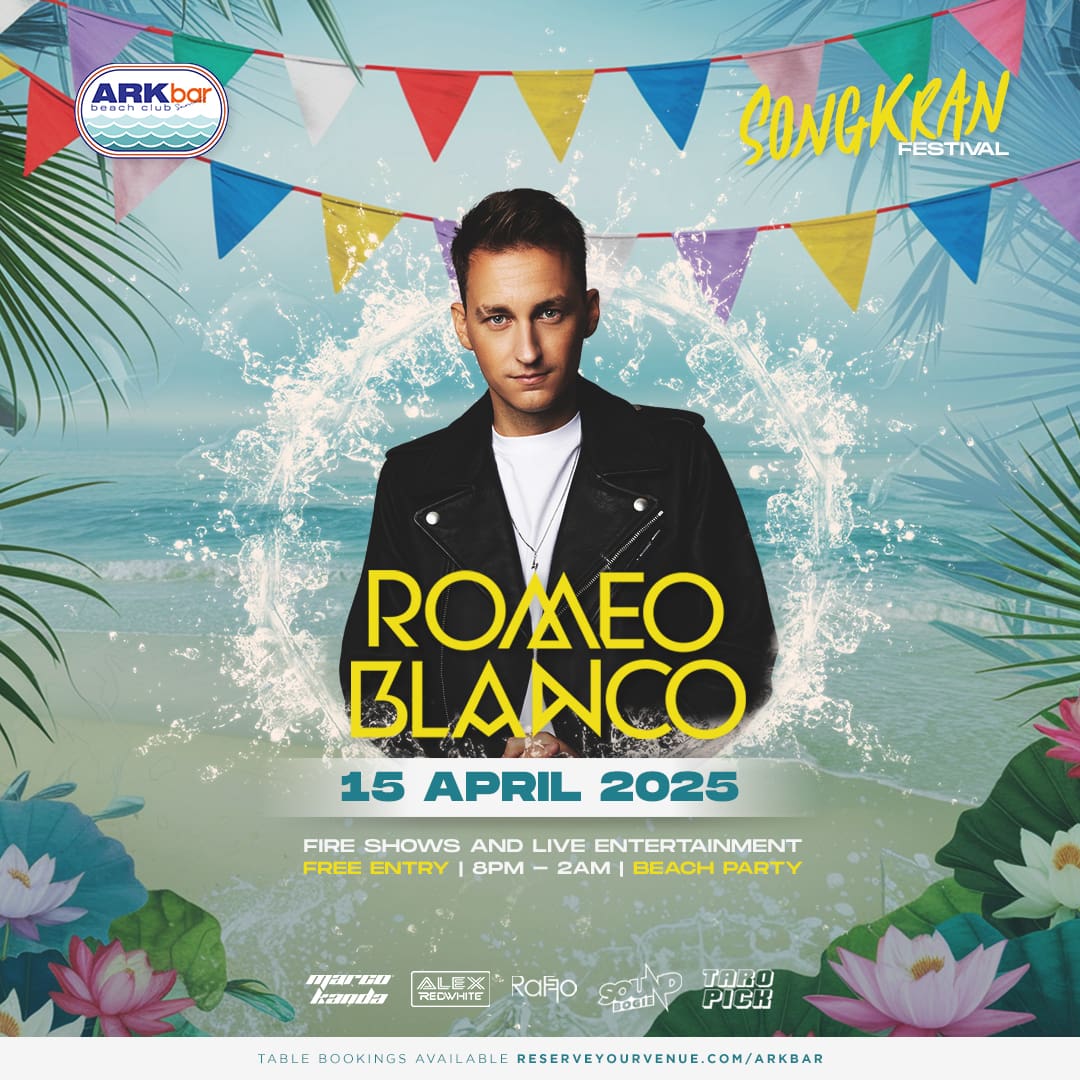 DJ Romeo Blanco performing live at ARKbar Beach Club during Songkran Festival 2025 in Koh Samui, Thailand, with a vibrant crowd dancing under the night sky.