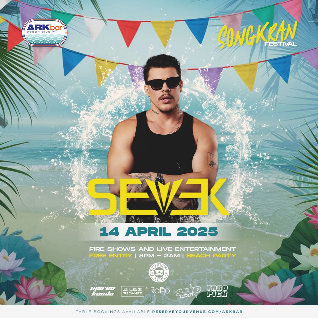 Brazilian DJ Sevek performing live at ARKbar Beach Club for Songkran Festival 2025 in Koh Samui, with fire shows and beach party atmosphere
