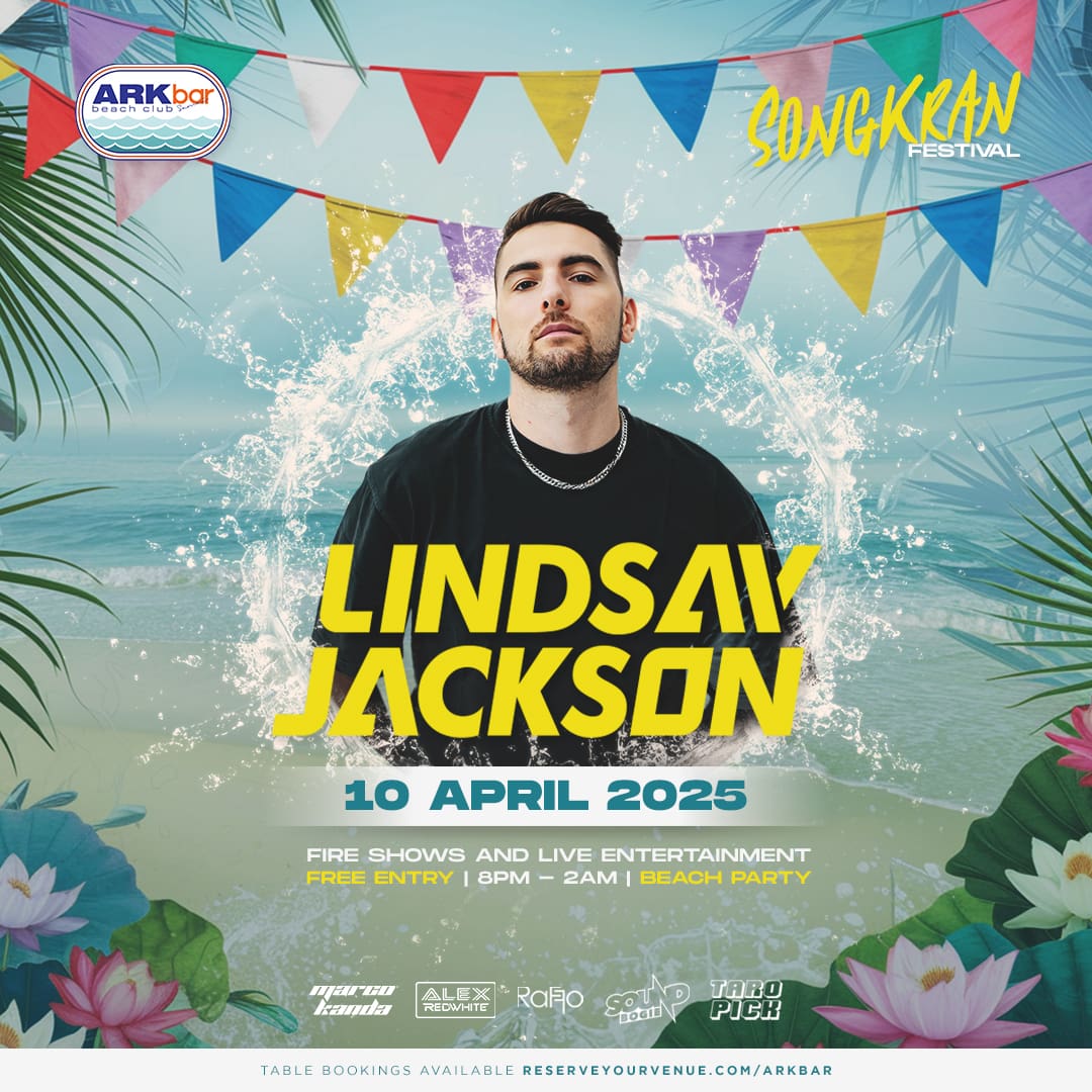 DJ Lindsay Jackson performing at ARKbar Songkran Festival 2025 beach party in Koh Samui