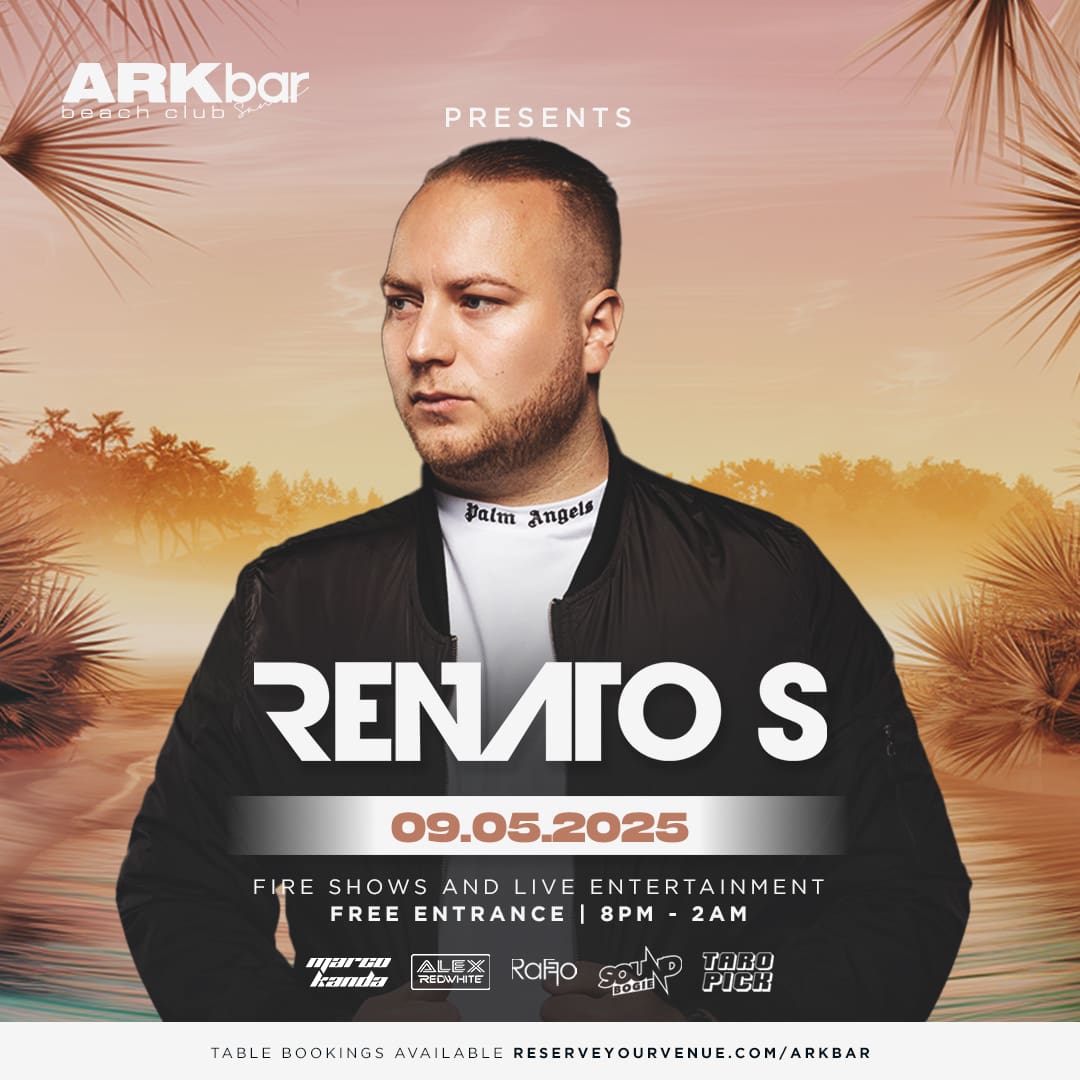 Renato S performing live at ARKbar Beach Club on May 9, 2025, in Koh Samui, Thailand, with a vibrant crowd and beachside fire shows