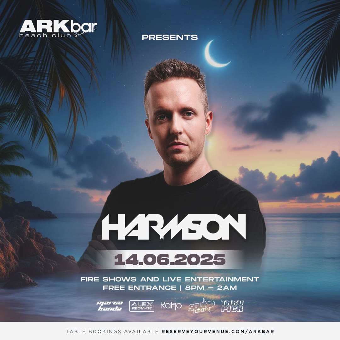 Harmson performing live at ARKbar Beach Club during Beach Festival 2025 in Koh Samui, Thailand, with fire shows and a beach party crowd