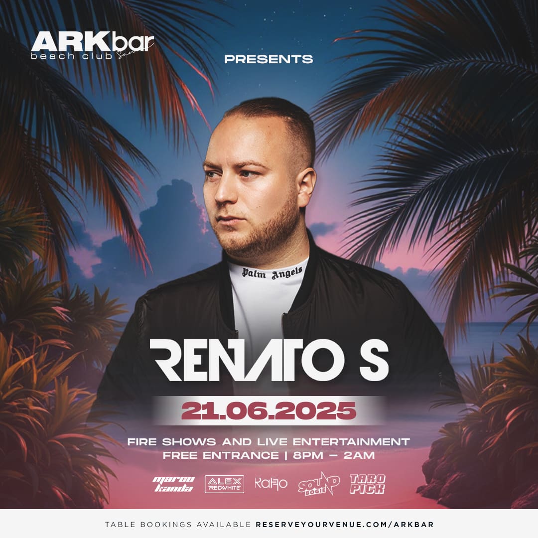 Renato S performing live at ARKbar Beach Club during Beach Festival 2025 in Koh Samui, Thailand, with fire shows and a vibrant beach party crowd